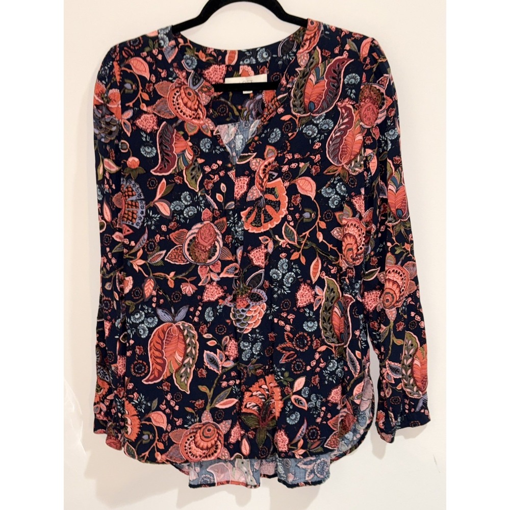 LOFT Women's Medium Hi Lo Pleated Front Top Multicolor Floral Long Sleeve